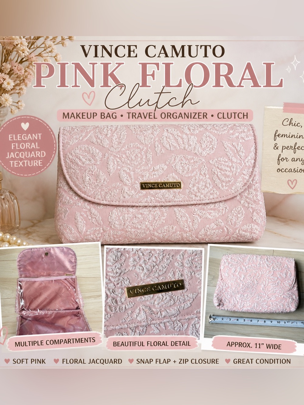 Vince Camuto Pink Floral Jacquard Clutch Cosmetic Makeup Bag Travel Organizer